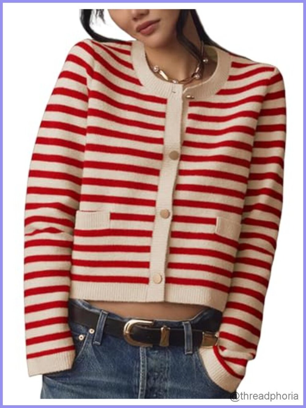 Womens Striped Knit Cardigan Sweater Crew Neck Long Sleeve Button Front